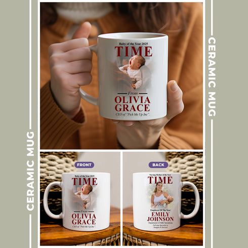 Custom Baby & Mom TIME Magazine Mug – Funny Personalized Photo Gift with Name, Quote & Role